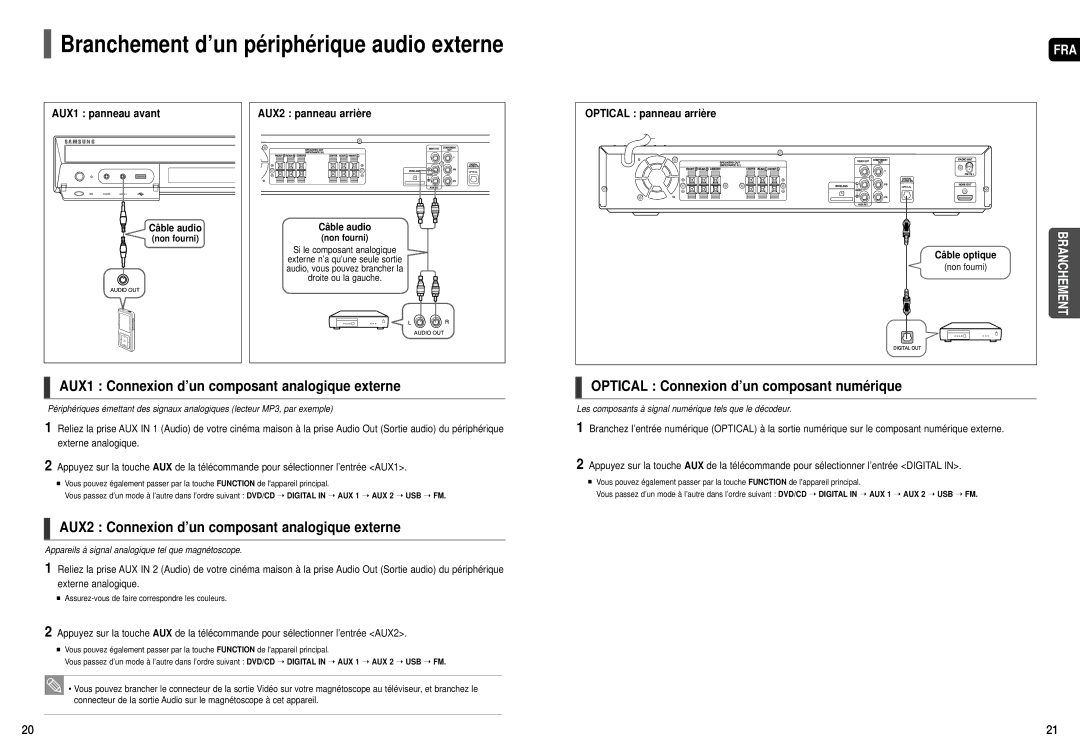 Samsung HT-TX52, HT-X50 manual Branchement d’un périphérique audio externe, AUX1 Connexion d’un composant analogique externe 