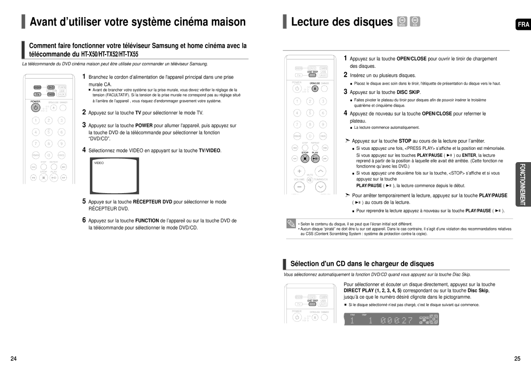 Samsung HT-TX55 Avant d’utiliser votre système cinéma maison, Lecture des disques DVD CD, Appuyez sur la touche Disc Skip 