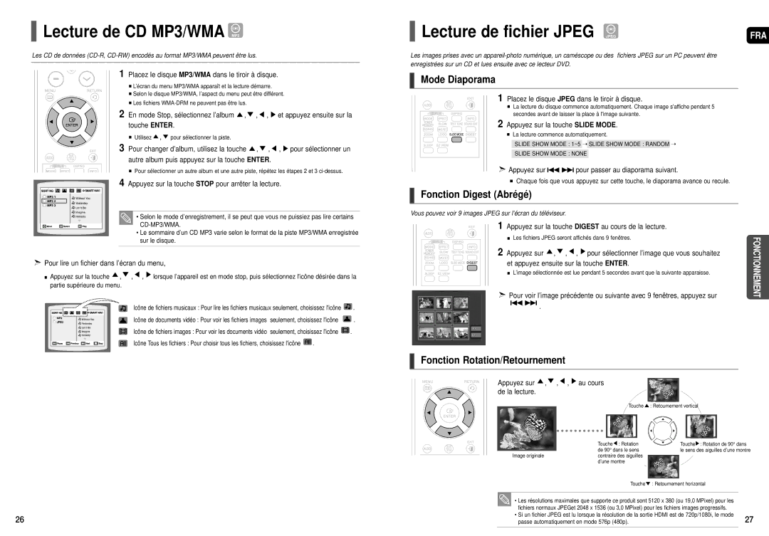 Samsung HT-TX52, HT-X50 Lecture de CD MP3/WMA MP3, Lecture de fichier Jpeg Jpeg, Mode Diaporama, Fonction Digest Abrégé 