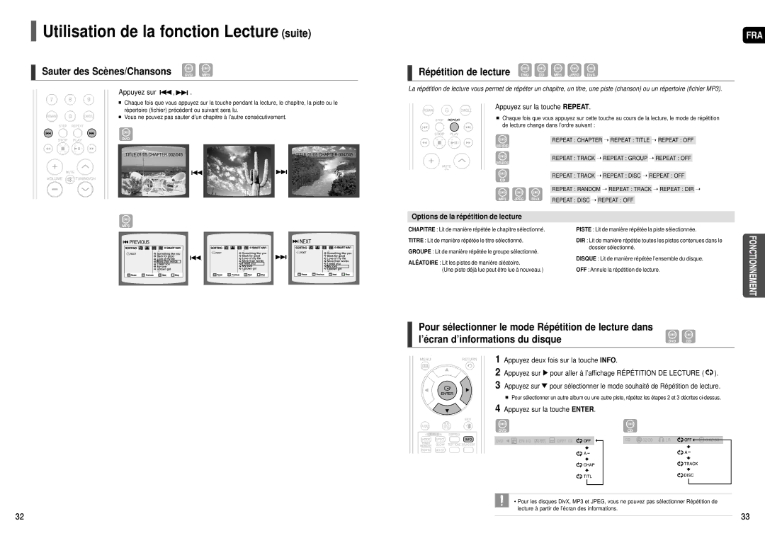 Samsung HT-TX52, HT-X50, HT-TX55 manual Utilisation de la fonction Lecture suite, Sauter des Scènes/Chansons DVD MP3 