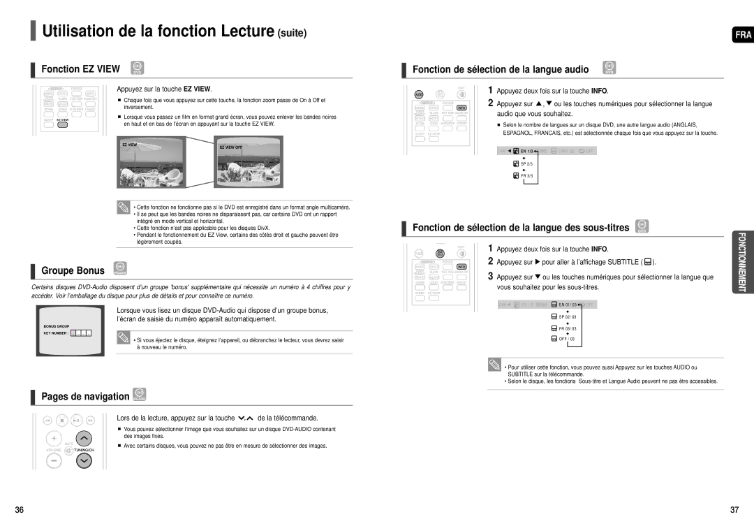 Samsung HT-TX55, HT-X50, HT-TX52 manual Fonction EZ View DVD, Groupe Bonus DVD-AUDIO, Pages de navigation DVD-AUDIO 