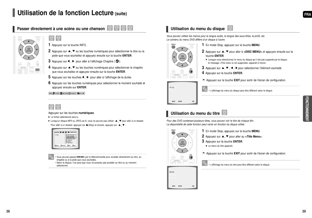 Samsung HT-TX52, HT-X50 Utilisation du menu du disque DVD, Utilisation du menu du titre DVD, Appuyez ensuite sur Enter 