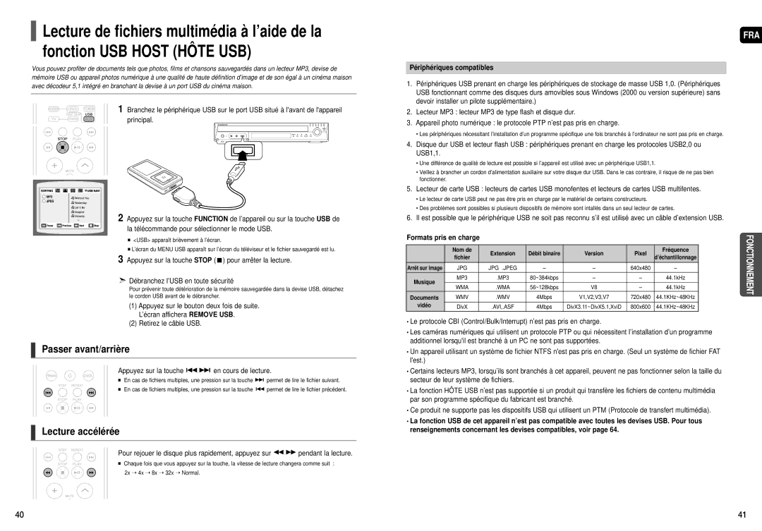 Samsung HT-X50, HT-TX55, HT-TX52 Passer avant/arrière, Appuyez sur la touche en cours de lecture, Périphériques compatibles 