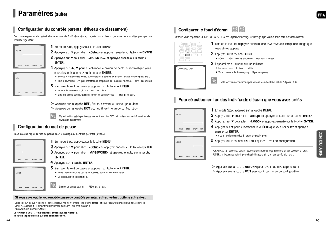 Samsung HT-TX52 Paramètres suite, Configuration du contrôle parental Niveau de classement, Configuration du mot de passe 