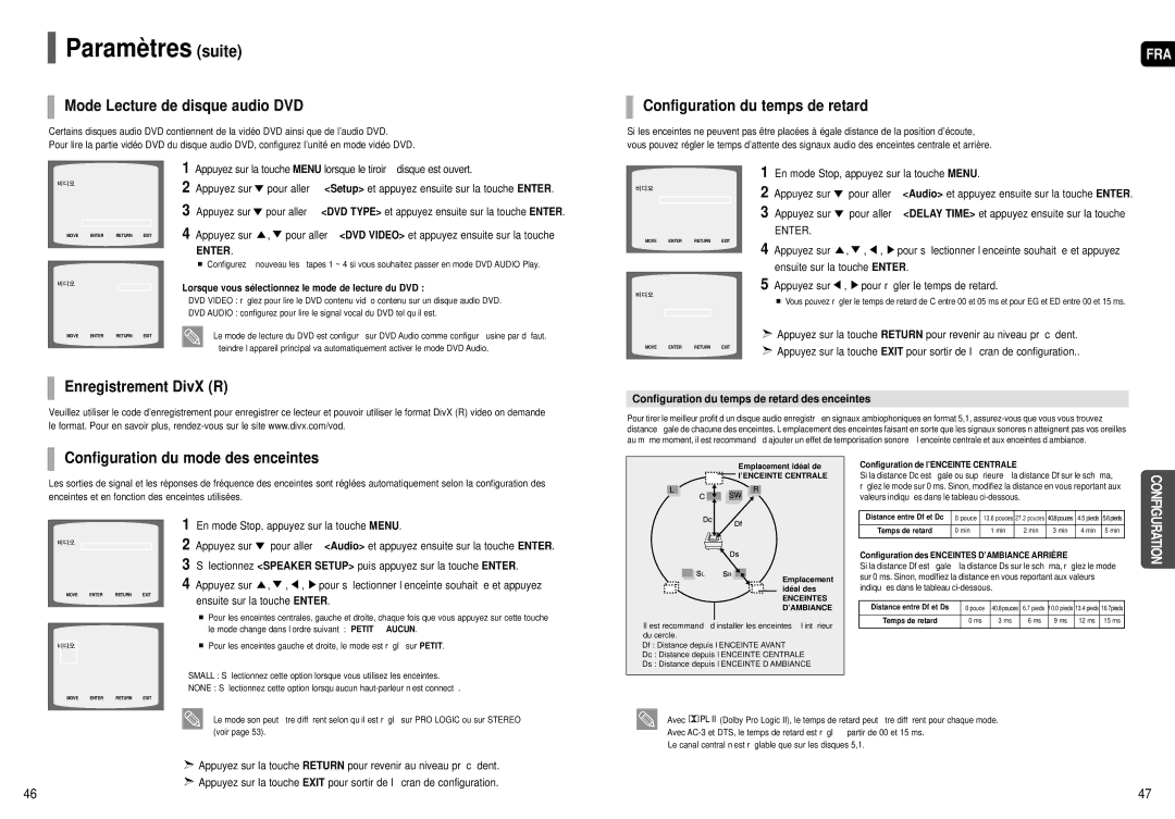 Samsung HT-X50, HT-TX55, HT-TX52 Mode Lecture de disque audio DVD, Configuration du temps de retard, Enregistrement DivX R 