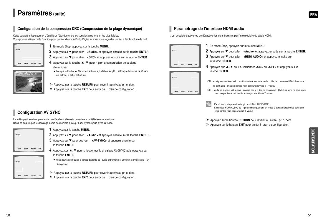 Samsung HT-TX52, HT-X50 Paramétrage de linterface Hdmi audio, Configuration AV Sync, Dynamique, Appuyez sur la touche Menu 