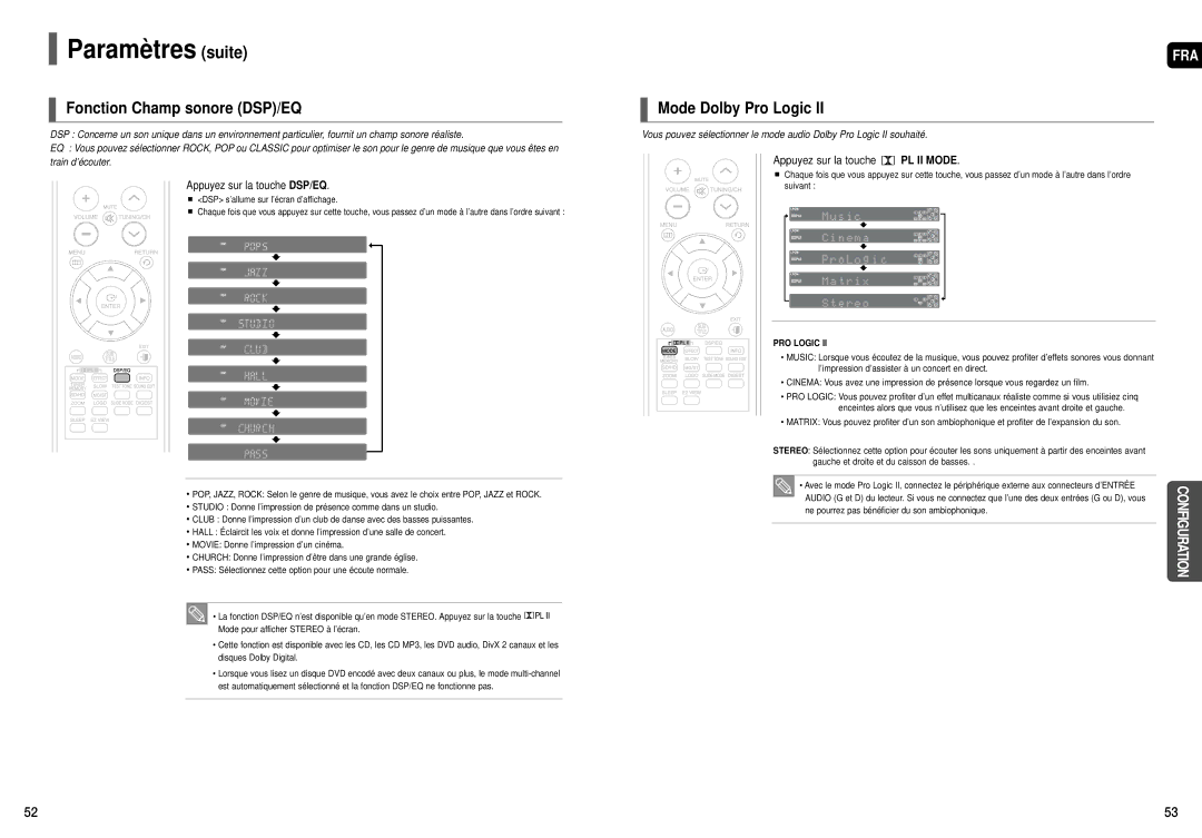 Samsung HT-X50, HT-TX55, HT-TX52 manual Fonction Champ sonore DSP/EQ, Mode Dolby Pro Logic, Appuyez sur la touche DSP/EQ 