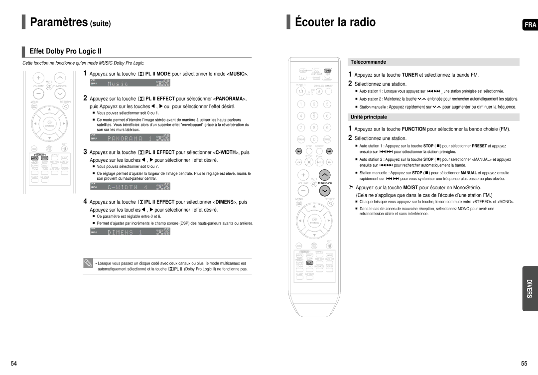 Samsung HT-TX55, HT-X50, HT-TX52 manual Écouter la radio, Effet Dolby Pro Logic, Télécommande, Unité principale 