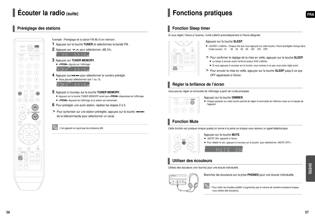 Samsung HT-TX52, HT-X50, HT-TX55 manual Écouter la radio suite, Fonctions pratiques 