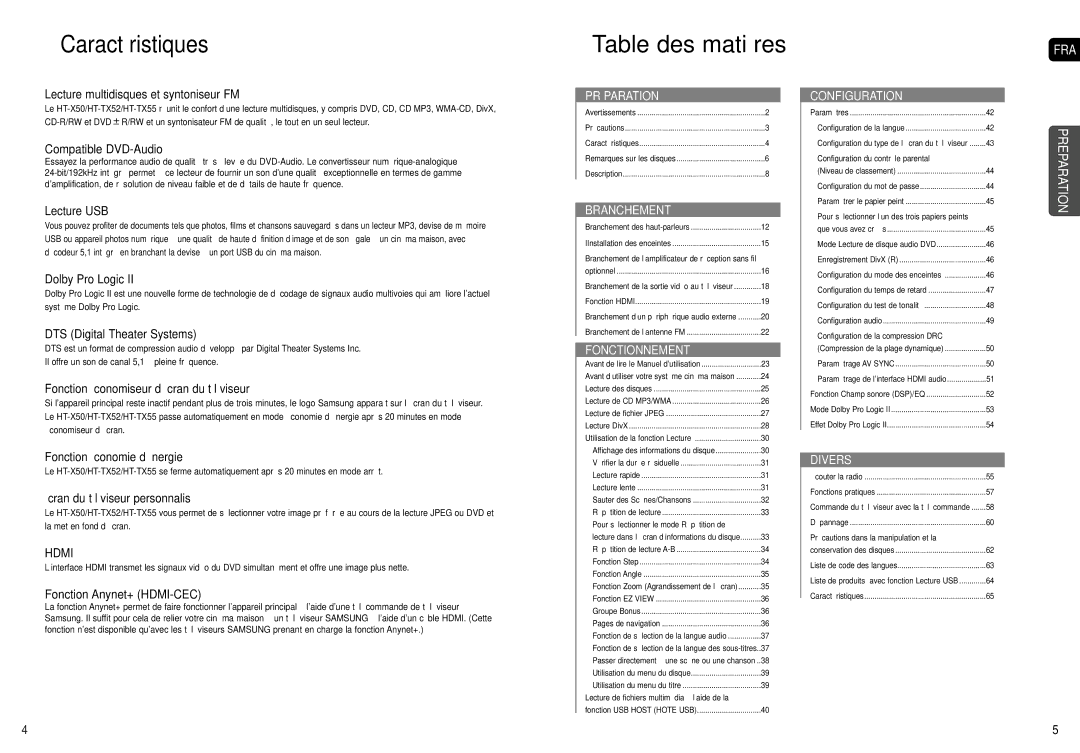 Samsung HT-X50, HT-TX55, HT-TX52 manual Caractéristiques Table des matières 