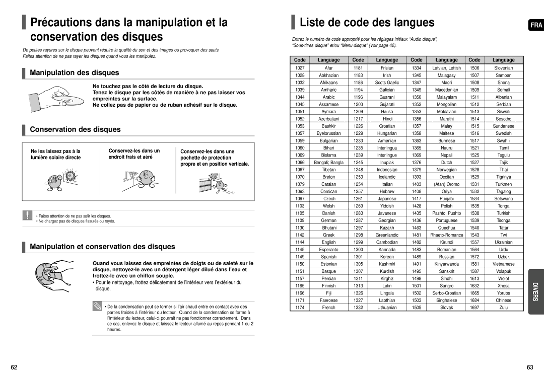 Samsung HT-TX52, HT-X50, HT-TX55 manual Liste de code des langues, Manipulation des disques, Conservation des disques 