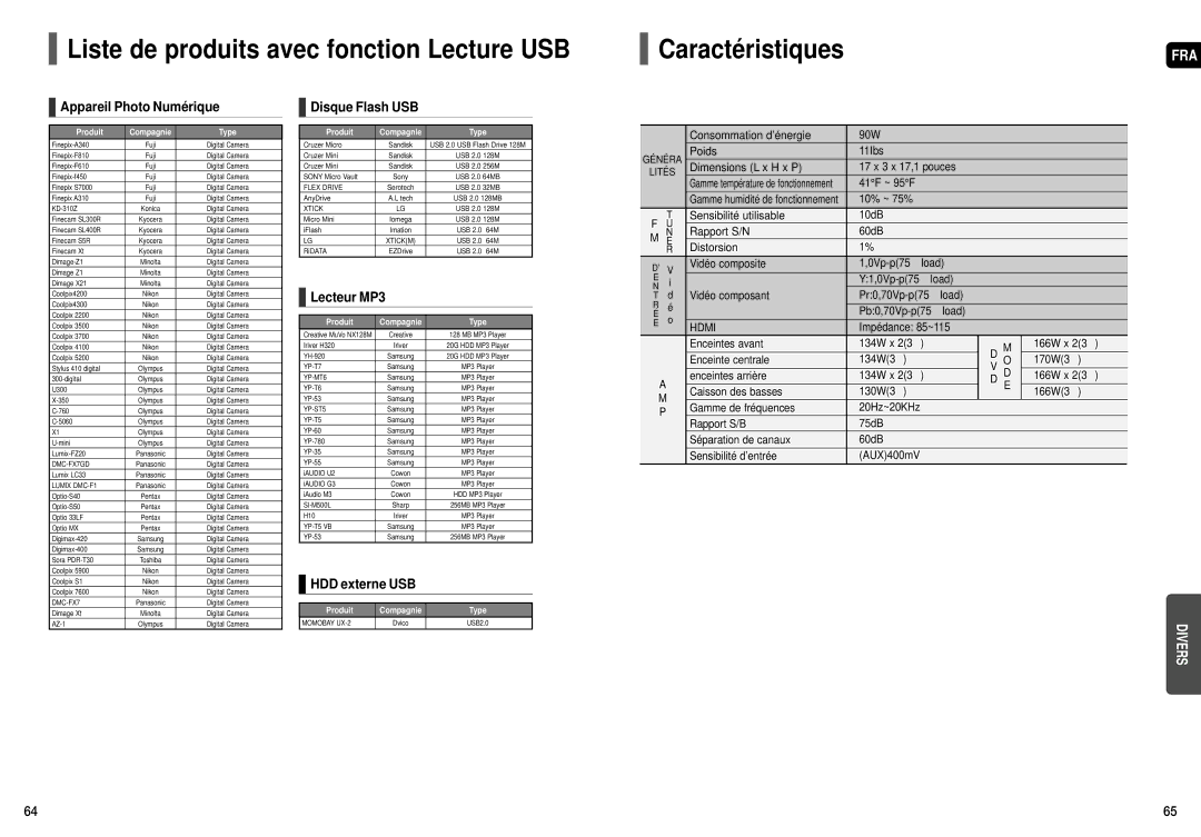 Samsung HT-X50, HT-TX55, HT-TX52 manual Liste de produits avec fonction Lecture USB, Caractéristiques 