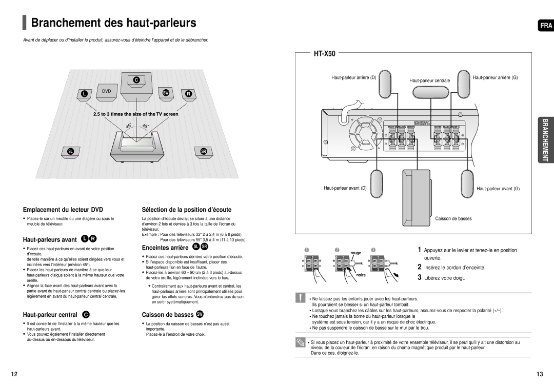 Samsung HT-TX55, HT-TX52 manual Branchement des haut-parleurs, HT-X50 