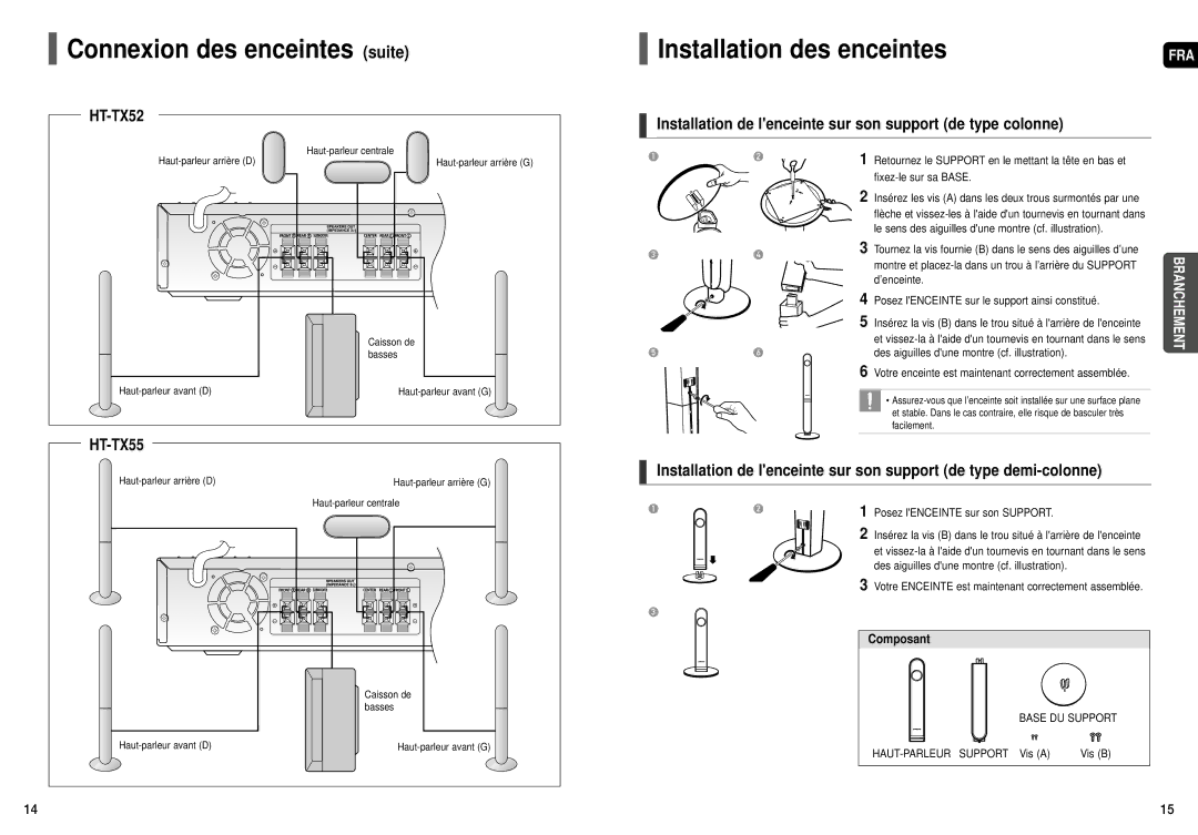 Samsung HT-TX52, HT-X50, HT-TX55 manual Connexion des enceintes suite, Installation des enceintes 