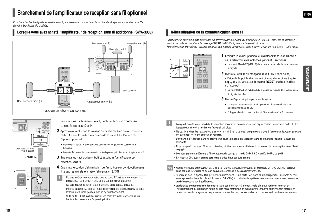 Samsung HT-X50 manual Réinitialisation de la communication sans fil, Mettre le module de réception sans fil sous tension et 