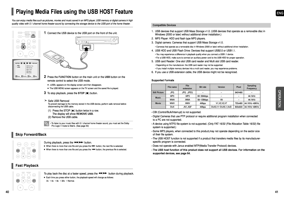 Samsung HT-X50, HT-TX55 Playing Media Files using the USB HOST Feature, Skip Forward/Back, Fast Playback, Operation 