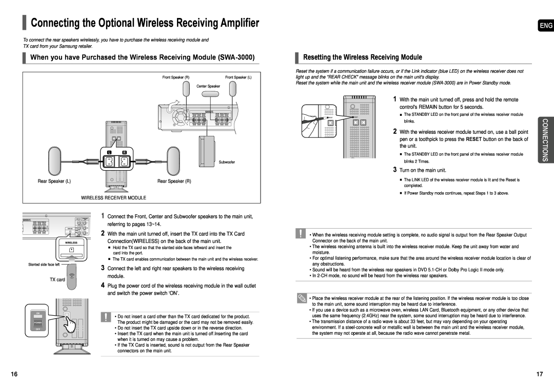 Samsung HT-X50, HT-TX55, HT-TX52 instruction manual Resetting the Wireless Receiving Module 