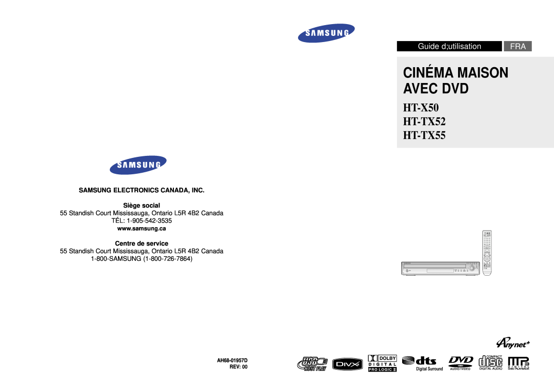 Samsung instruction manual Tel, Dvd Home Theater System, HT-X50 HT-TX52 HT-TX55, Rev, AH68-01957C, AH68-01957D 