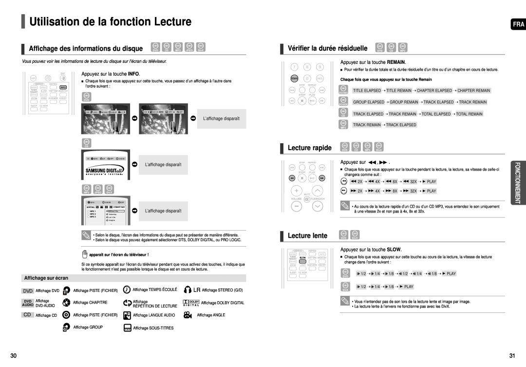 Samsung HT-TX55 Utilisation de la fonction Lecture, Vérifier la durée résiduelle DVD CDMP3, Lecture rapide, Lecture lente 