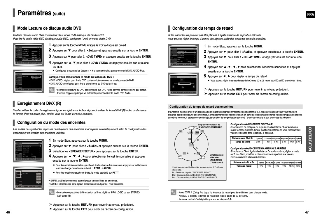 Samsung HT-X50 Mode Lecture de disque audio DVD, Configuration du temps de retard, Enregistrement DivX R, Paramètres suite 