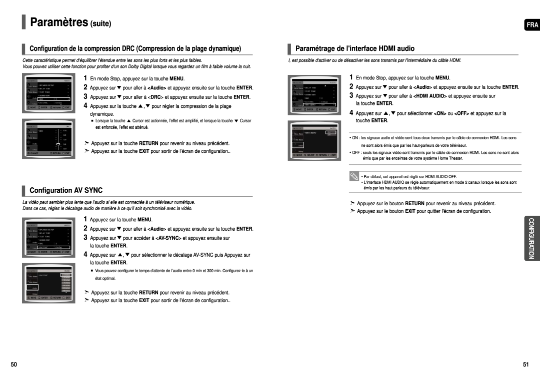 Samsung HT-TX52, HT-X50, HT-TX55 manual Paramétrage de linterface HDMI audio, Configuration AV SYNC, Paramètres suite 