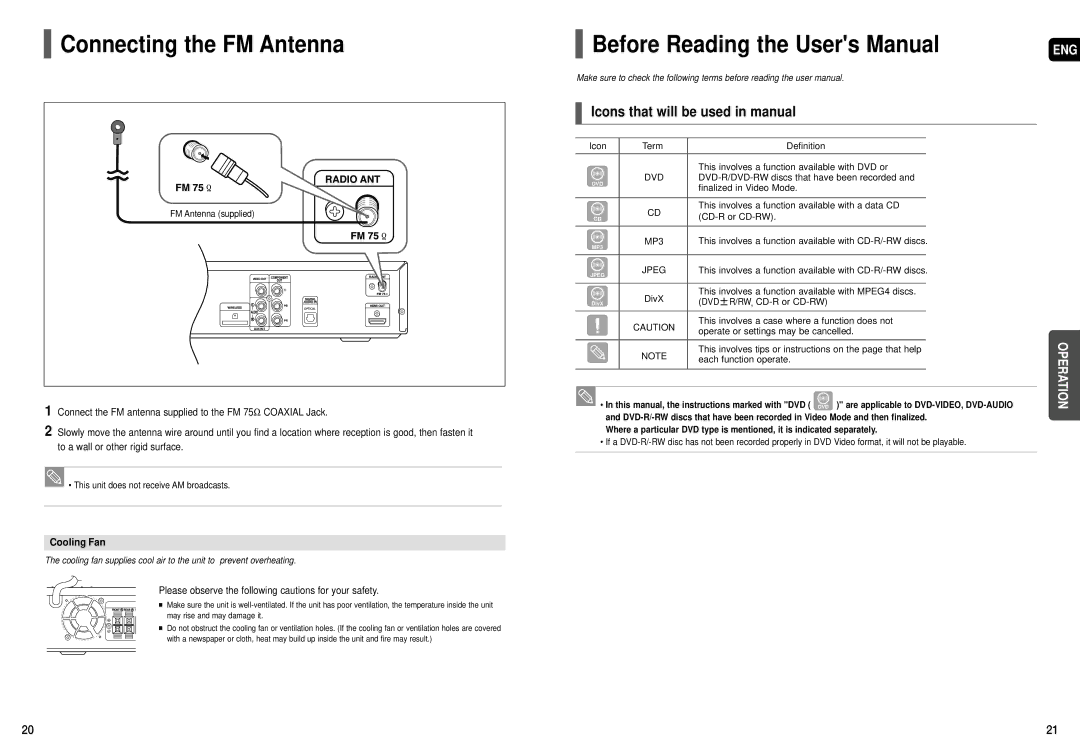 Samsung HT-X50T instruction manual Connecting the FM Antenna, Icons that will be used in manual, Cooling Fan 