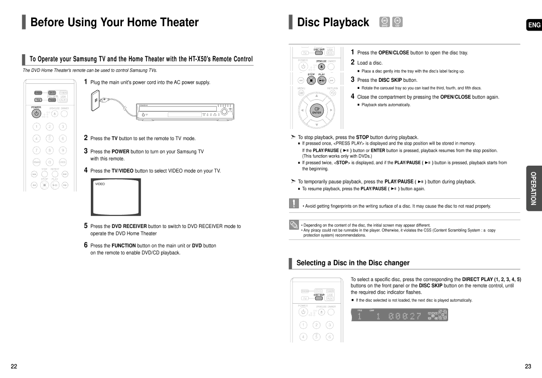 Samsung HT-X50T Before Using Your Home Theater, Disc Playback DVD CD, Selecting a Disc in the Disc changer 