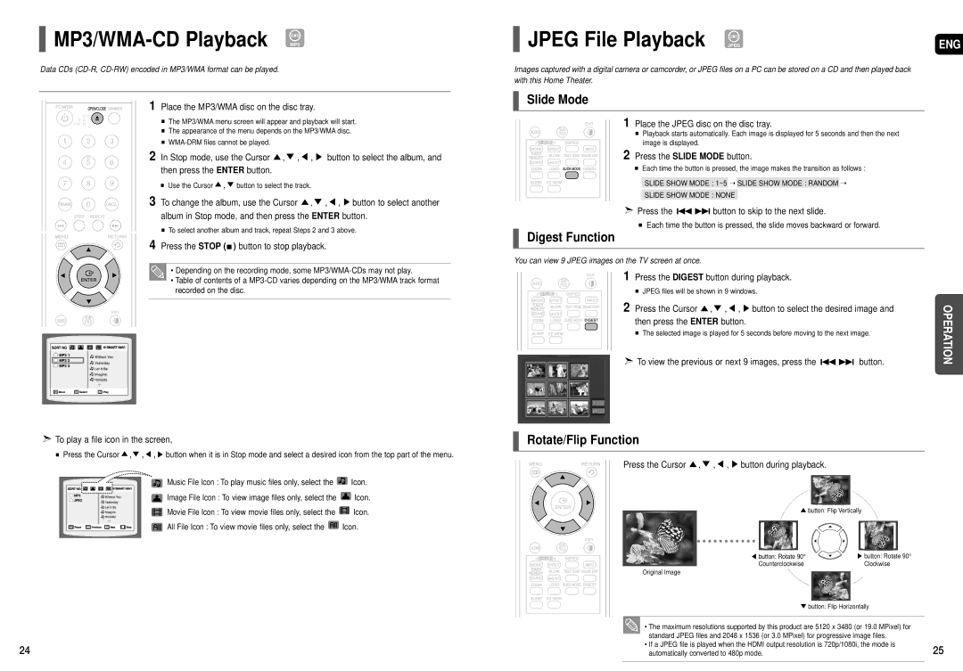 Samsung HT-X50T MP3/WMA-CD Playback MP3, Jpeg File Playback Jpeg, Slide Mode, Digest Function, Rotate/Flip Function 