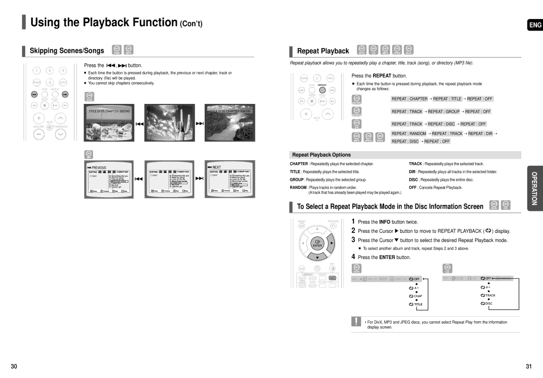 Samsung HT-X50T Using the Playback Function Con’t, Skipping Scenes/Songs DVD MP3, Repeat Playback Options 