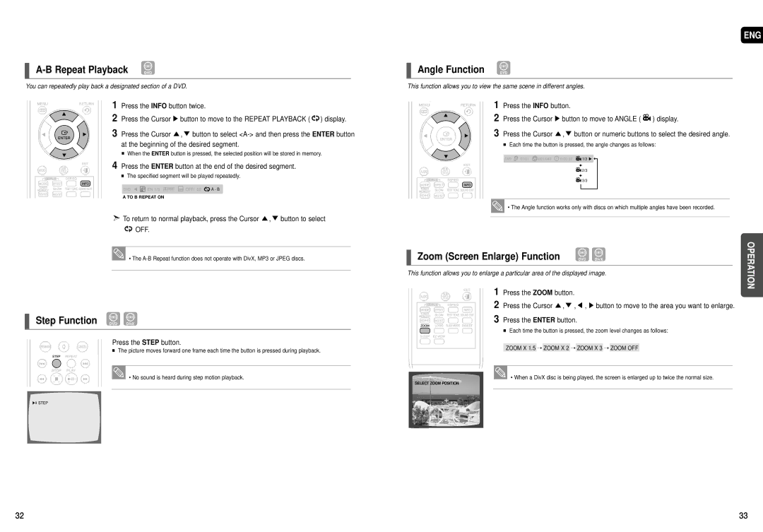 Samsung HT-X50T instruction manual Repeat Playback DVD, Step Function DVD DivX, Angle Function DVD 