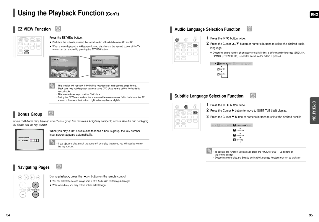 Samsung HT-X50T instruction manual Using the Playback Function Con’t, EZ View Function DVD, Bonus Group DVD-AUDIO, Language 