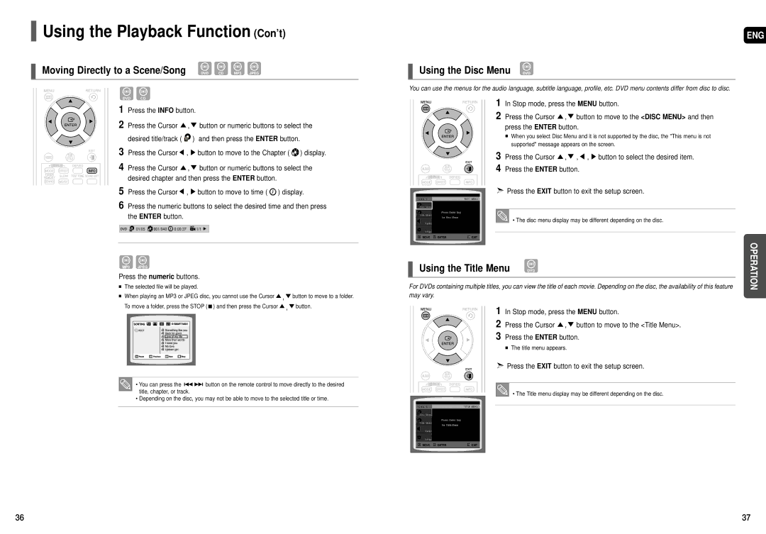 Samsung HT-X50T instruction manual Using the Disc Menu DVD, Using the Title Menu 