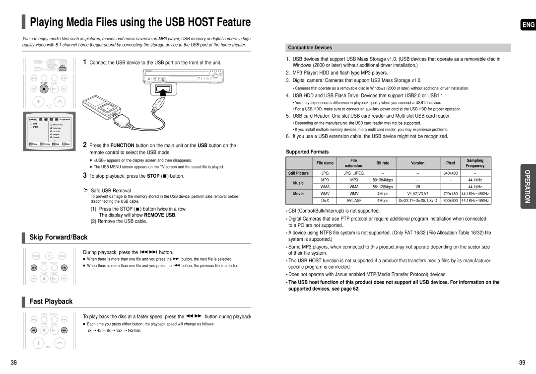 Samsung HT-X50T To stop playback, press the Stop button Safe USB Removal, Remove the USB cable, Compatible Devices 