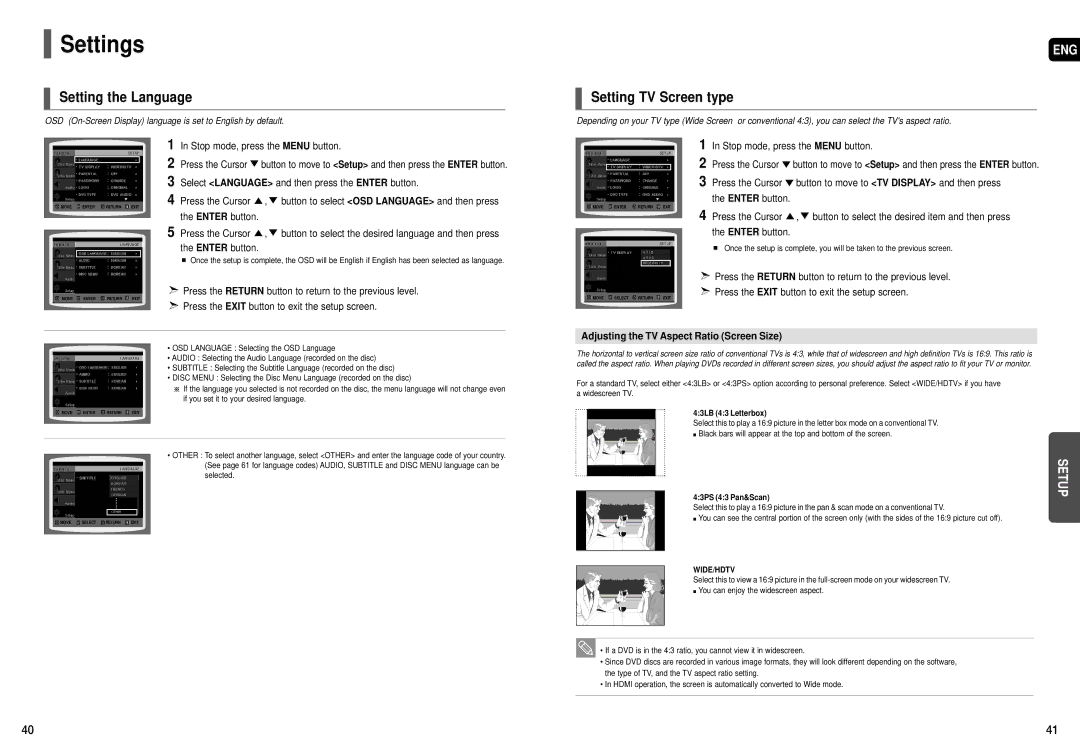 Samsung HT-X50T Settings, Setting the Language, Setting TV Screen type, Adjusting the TV Aspect Ratio Screen Size 