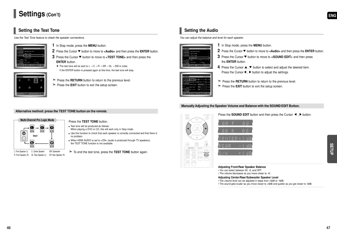 Samsung HT-X50T instruction manual Setting the Test Tone, Setting the Audio, Press the Exit button to exit the setup screen 