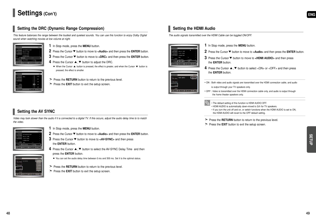 Samsung HT-X50T instruction manual Setting the DRC Dynamic Range Compression, Setting the Hdmi Audio, Setting the AV Sync 