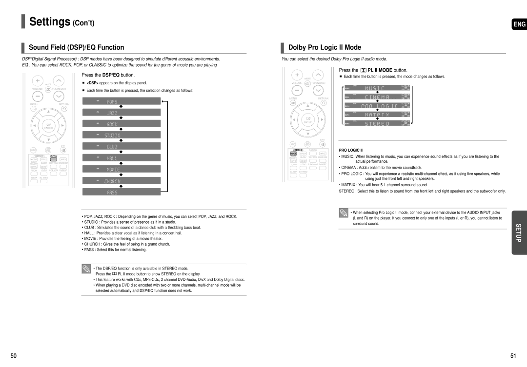 Samsung HT-X50T Sound Field DSP/EQ Function, Dolby Pro Logic II Mode, Press the DSP/EQ button, Press the PL II Mode button 