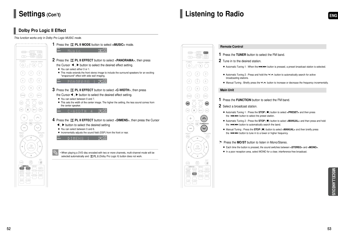 Samsung HT-X50T instruction manual Listening to Radio, Dolby Pro Logic II Effect, Remote Control, Main Unit 