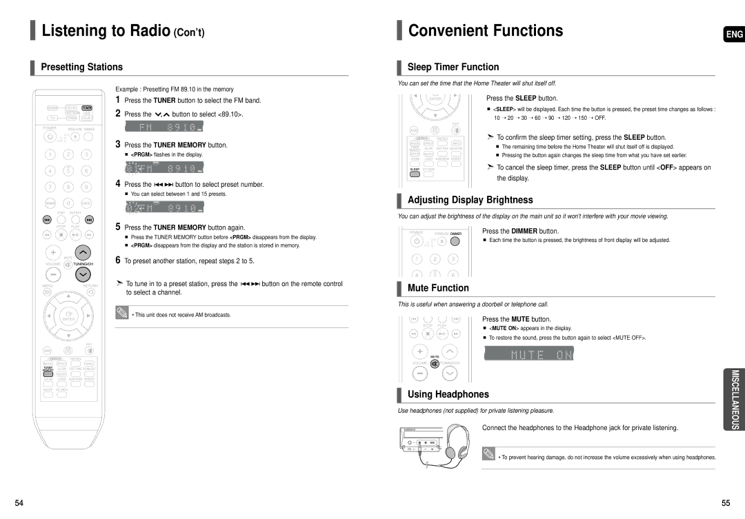 Samsung HT-X50T instruction manual Listening to Radio Con’t, Convenient Functions 