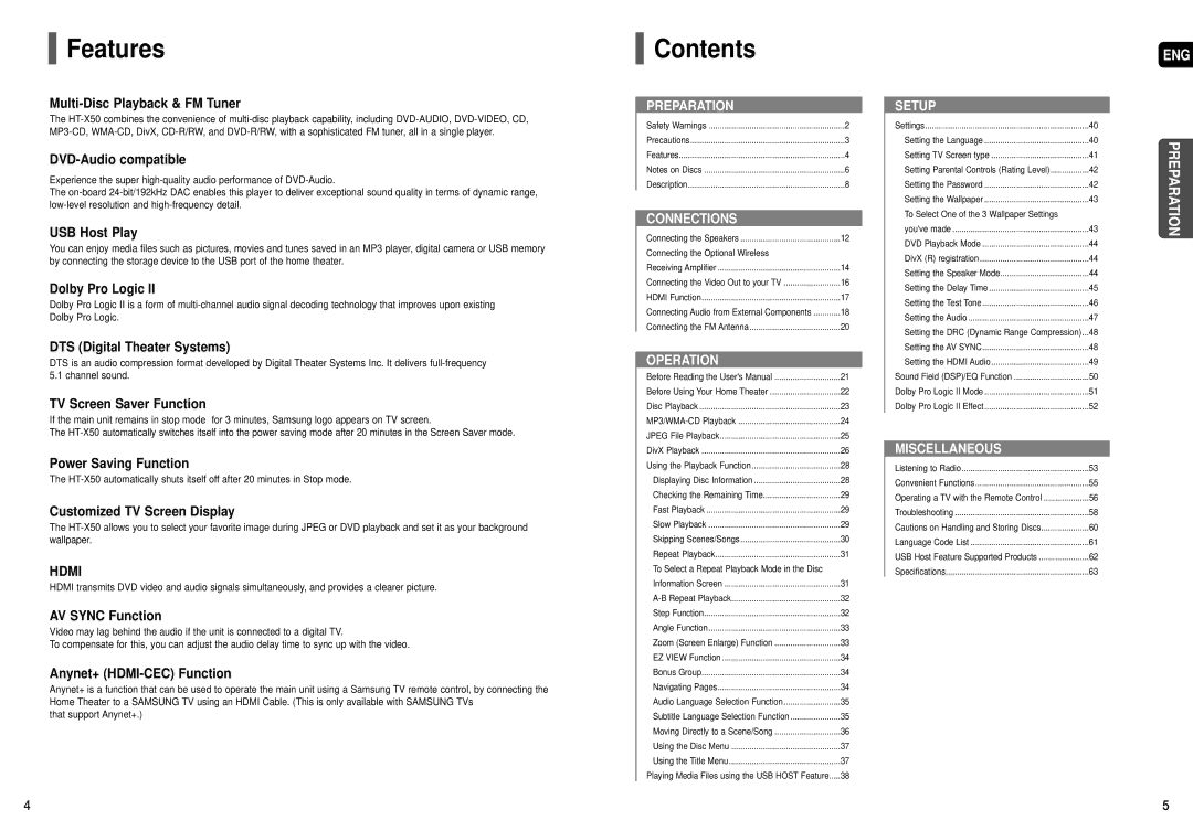 Samsung HT-X50T instruction manual Features, Contents 