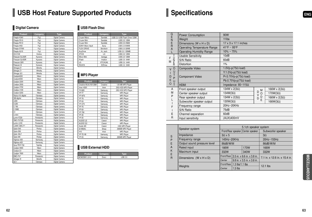 Samsung HT-X50T instruction manual USB Host Feature Supported Products, Specifications 