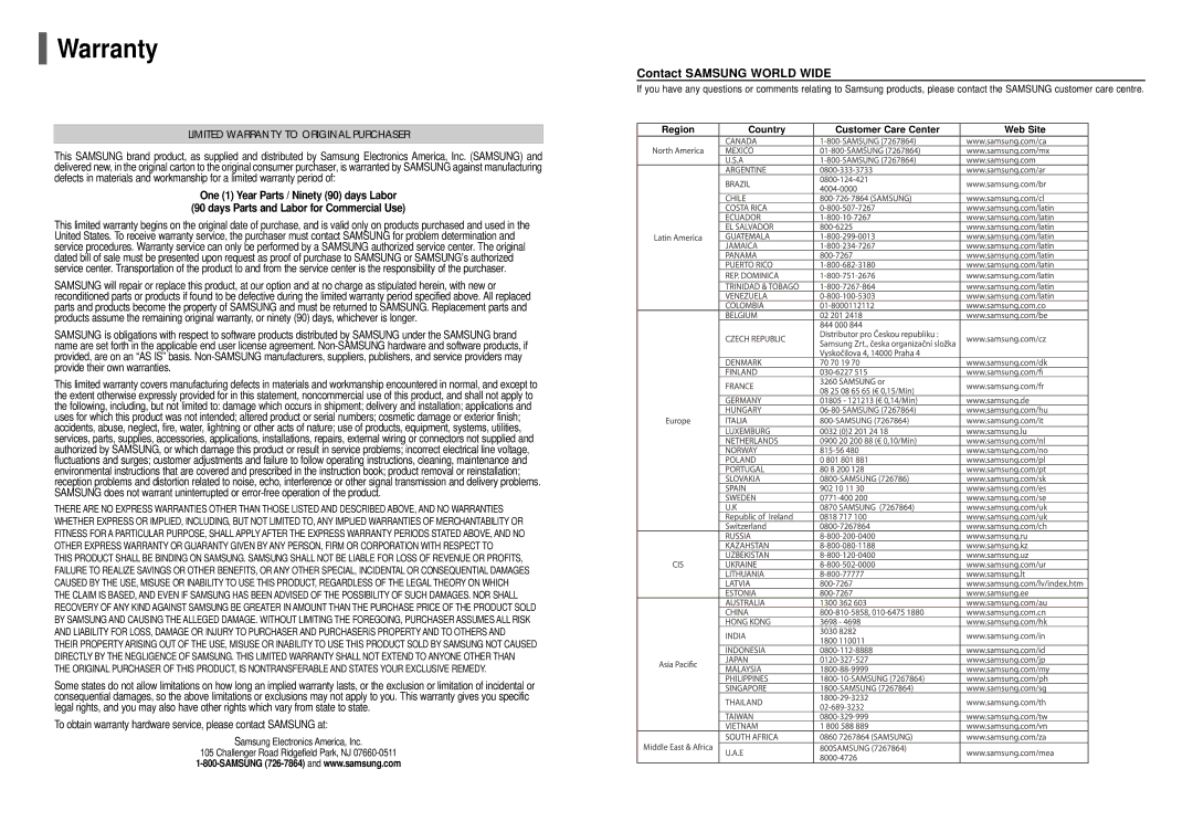 Samsung HT-X50T instruction manual Warranty, Region Country Customer Care Center Web Site 