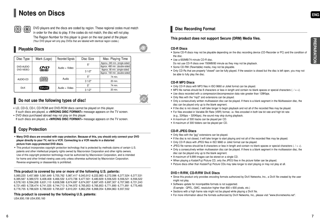 Samsung HT-X50T Playable Discs, Do not use the following types of disc, Copy Protection, Disc Recording Format 