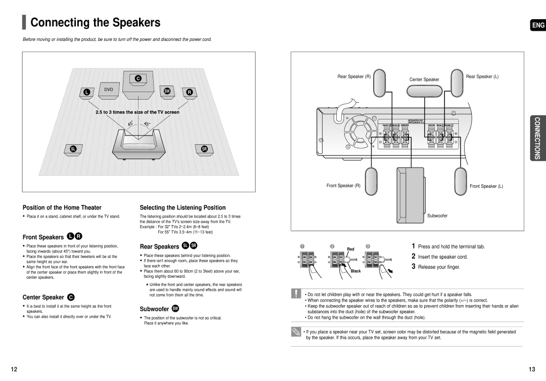 Samsung HT-X50T instruction manual Connecting the Speakers 