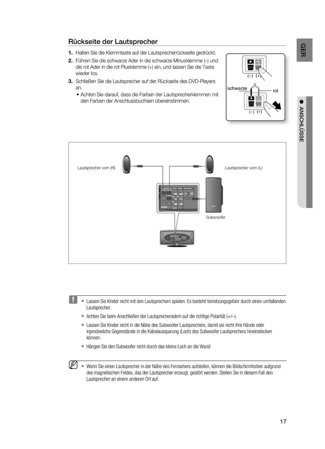 Samsung HT-X620T/XEF Rückseite der Lautsprecher, Wieder los, Den Farben der Anschlussbuchsen übereinstimmen ANSCHLüSSE 