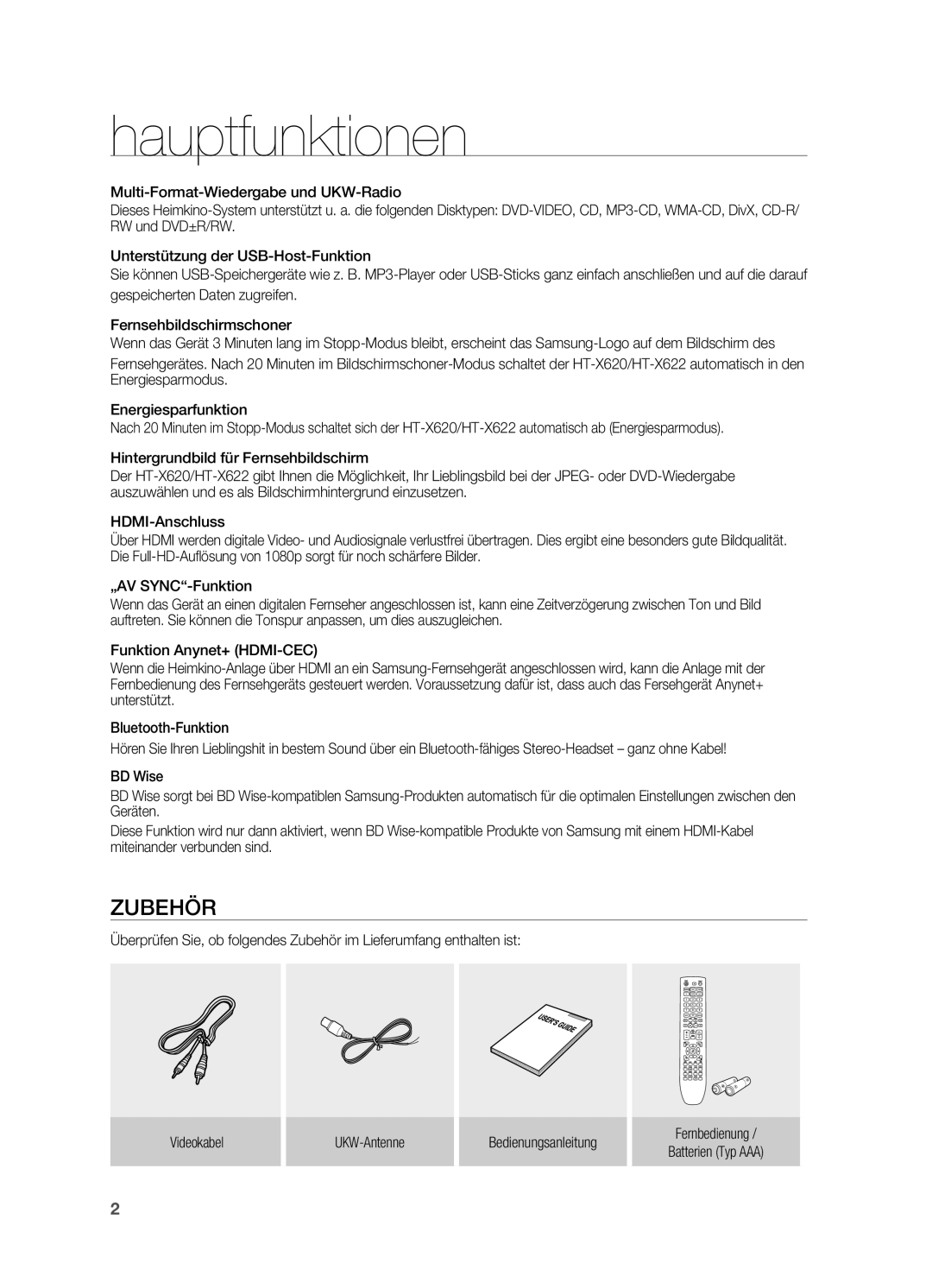 Samsung HT-X620T/EDC, HT-X620T/XEF manual Hauptfunktionen, Zubehör 