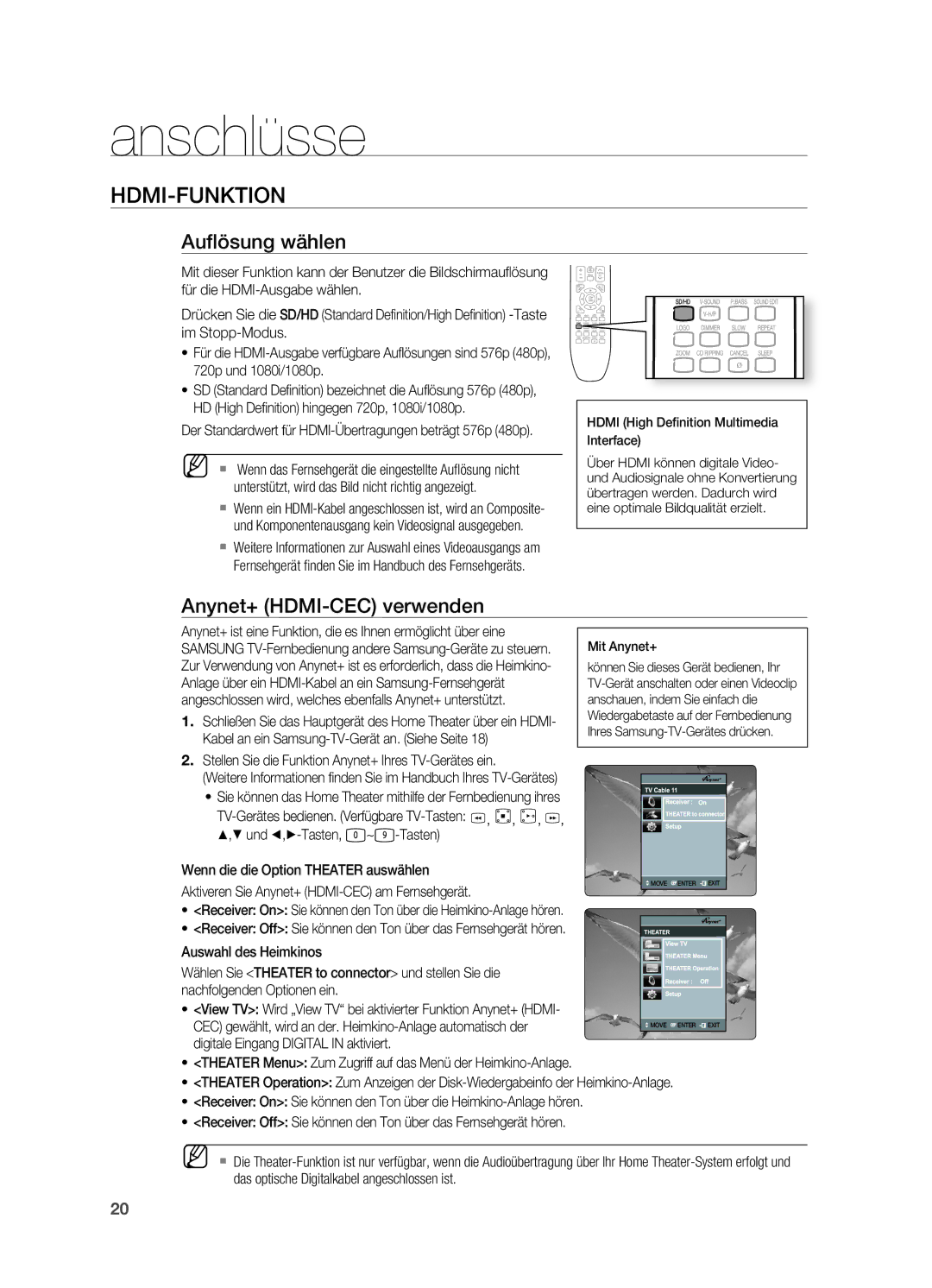 Samsung HT-X620T/EDC, HT-X620T/XEF manual HDMI-FUNKtIoN, Auﬂ ösung wählen, Anynet+ HDMI-CEC verwenden 