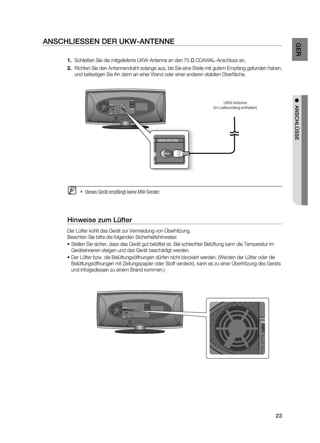 Samsung HT-X620T/XEF manual Anschliessen DER UKW-ANtENNE, Hinweise zum Lüfter, ` Dieses Gerät empfängt keine MW-Sender 