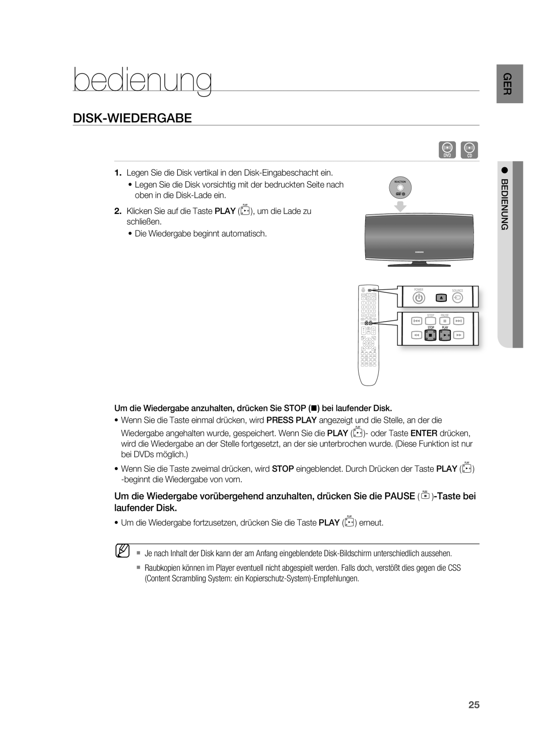 Samsung HT-X620T/XEF, HT-X620T/EDC manual Bedienung, Disk-Wiedergabe 