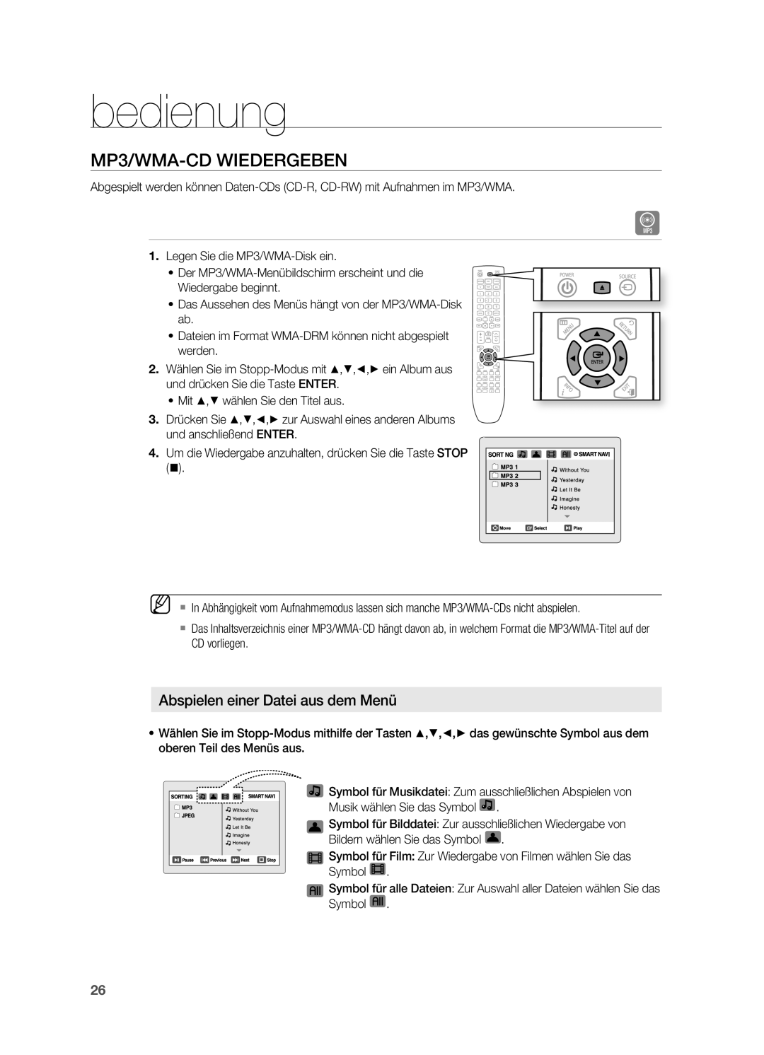 Samsung HT-X620T/EDC, HT-X620T/XEF manual Mp3/WMA-CD Wiedergeben, Abspielen einer Datei aus dem Menü 